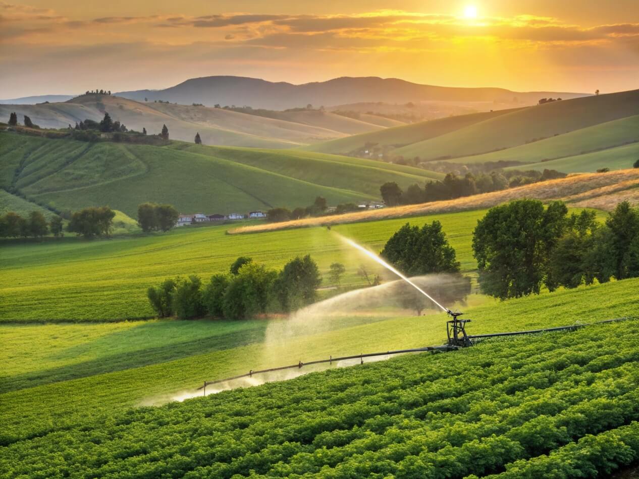 Bancy Solutions' large-capacity water bladder providing irrigation for crops in a field, showcasing agricultural solutions.