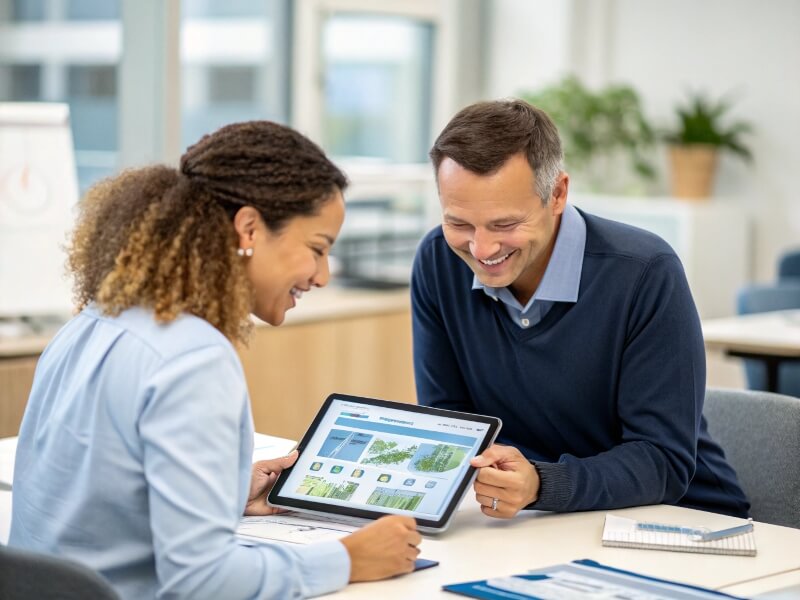 Two professionals discussing aquaculture solutions on a tablet in a modern office setting