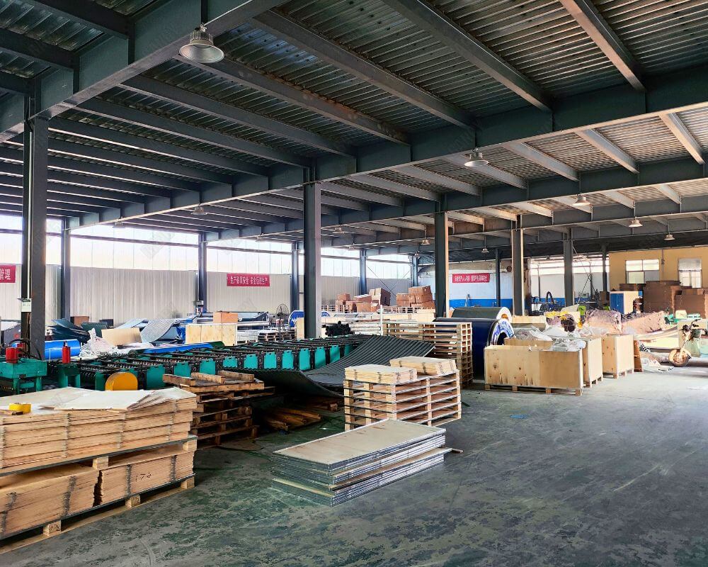 Interior view of the factory showcasing production equipment and materials storage