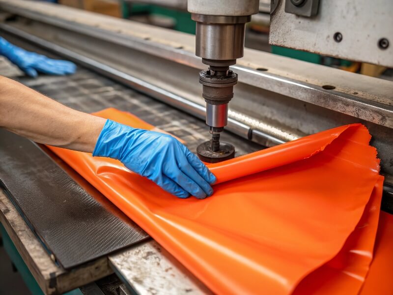 Close-up of a worker handling an orange material in a manufacturing process, highlighting quality control