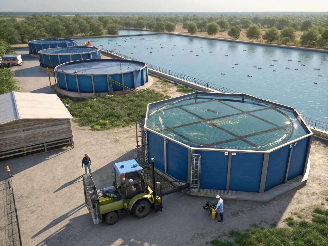 Modern aquaculture farm using various large Bancy collapsible fish tanks for production