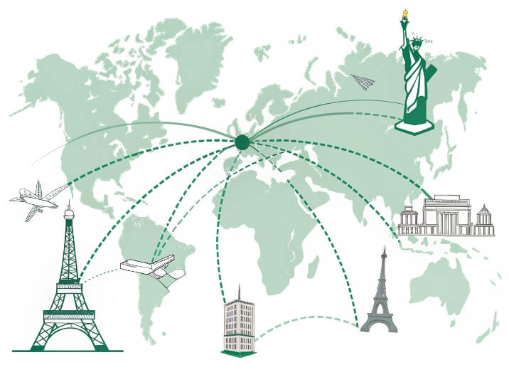 Lines connecting global landmarks on a world map, showcasing Bancy's flexible production capabilities and global supply chain network.