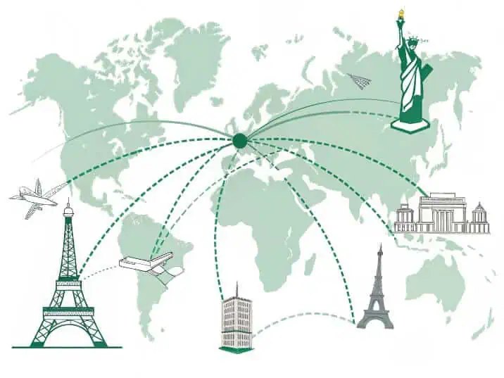 Lines connecting global landmarks on a world map, showcasing Bancy's flexible production capabilities and global supply chain network.