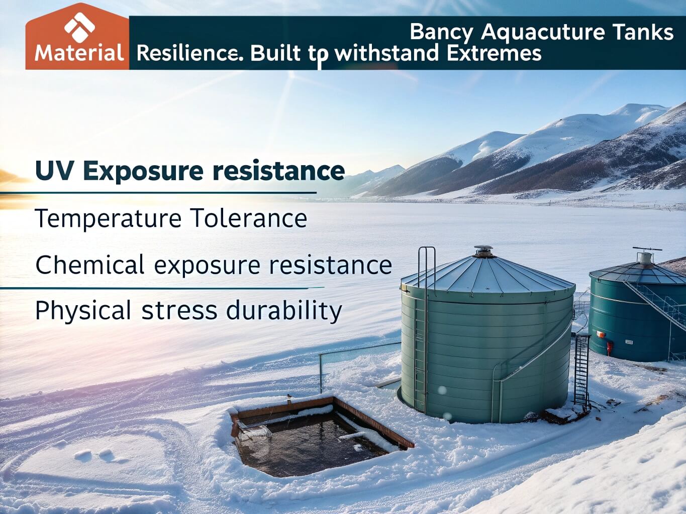 Bancy aquaculture tanks demonstrating material resilience against UV exposure, temperature, chemicals, and physical stress in a snowy, mountainous environment