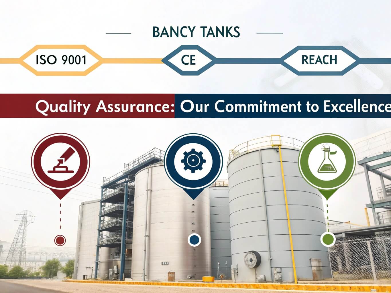 Bancy tanks showcasing ISO 9001, CE, and REACH certifications, emphasizing quality assurance and safety for aquaculture
