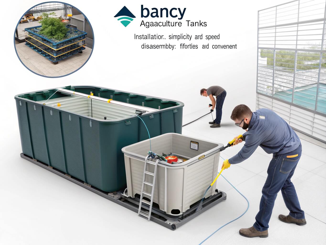 Two workers easily installing a large Bancy aquaculture tank, highlighting the installation's simplicity and speed