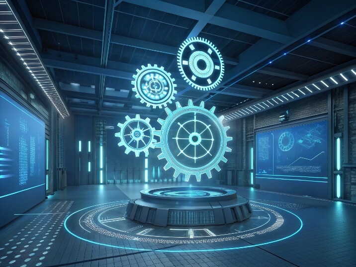 Innovation lab scene with holographic projection gears, symbolizing Bancy's highly customizable capabilities to meet specific needs across various industries.
