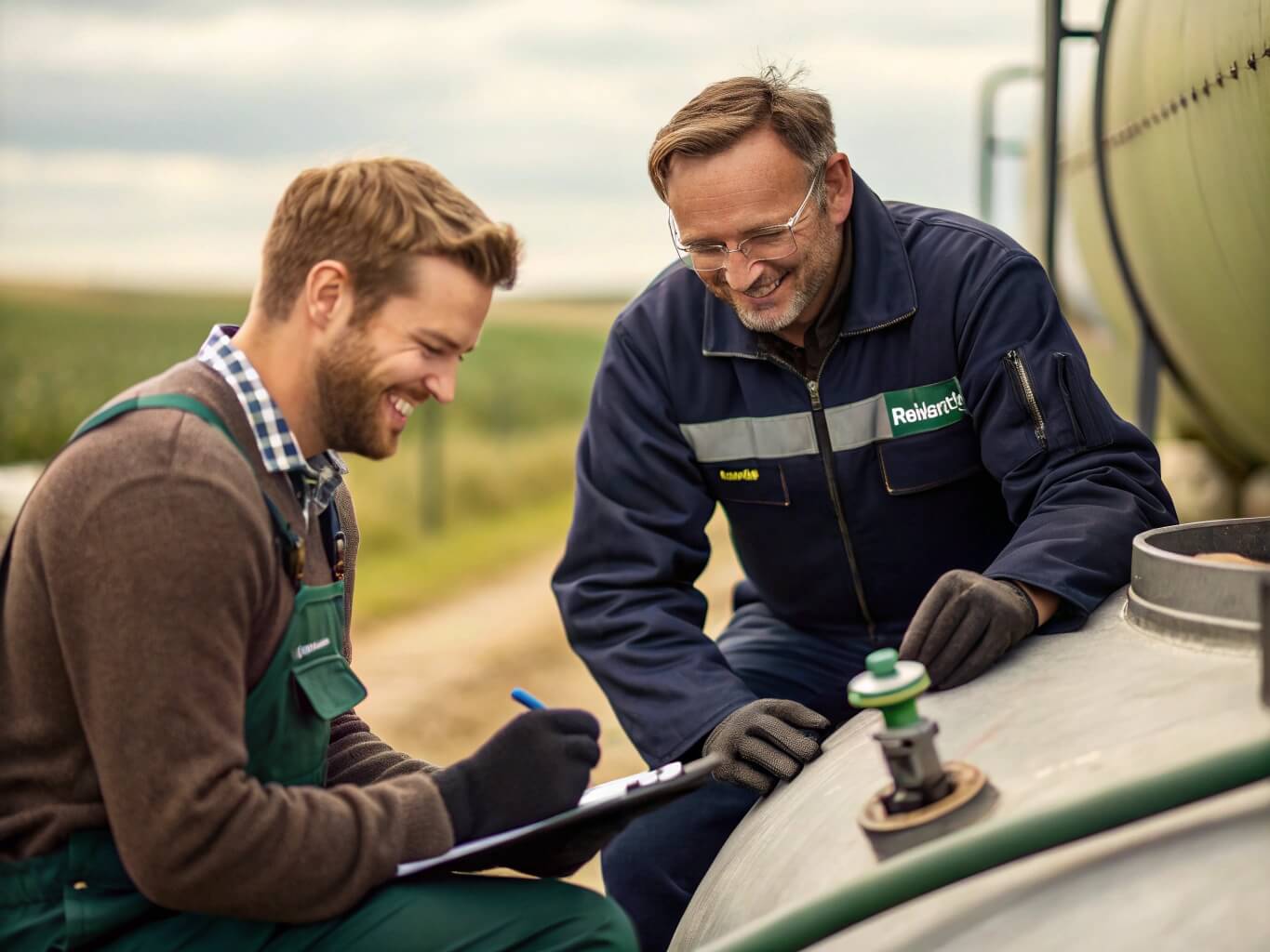 A friendly and professional Bancy technician in uniform consulting with a client on-site near a large tank, showcasing their customer service and technical expertise