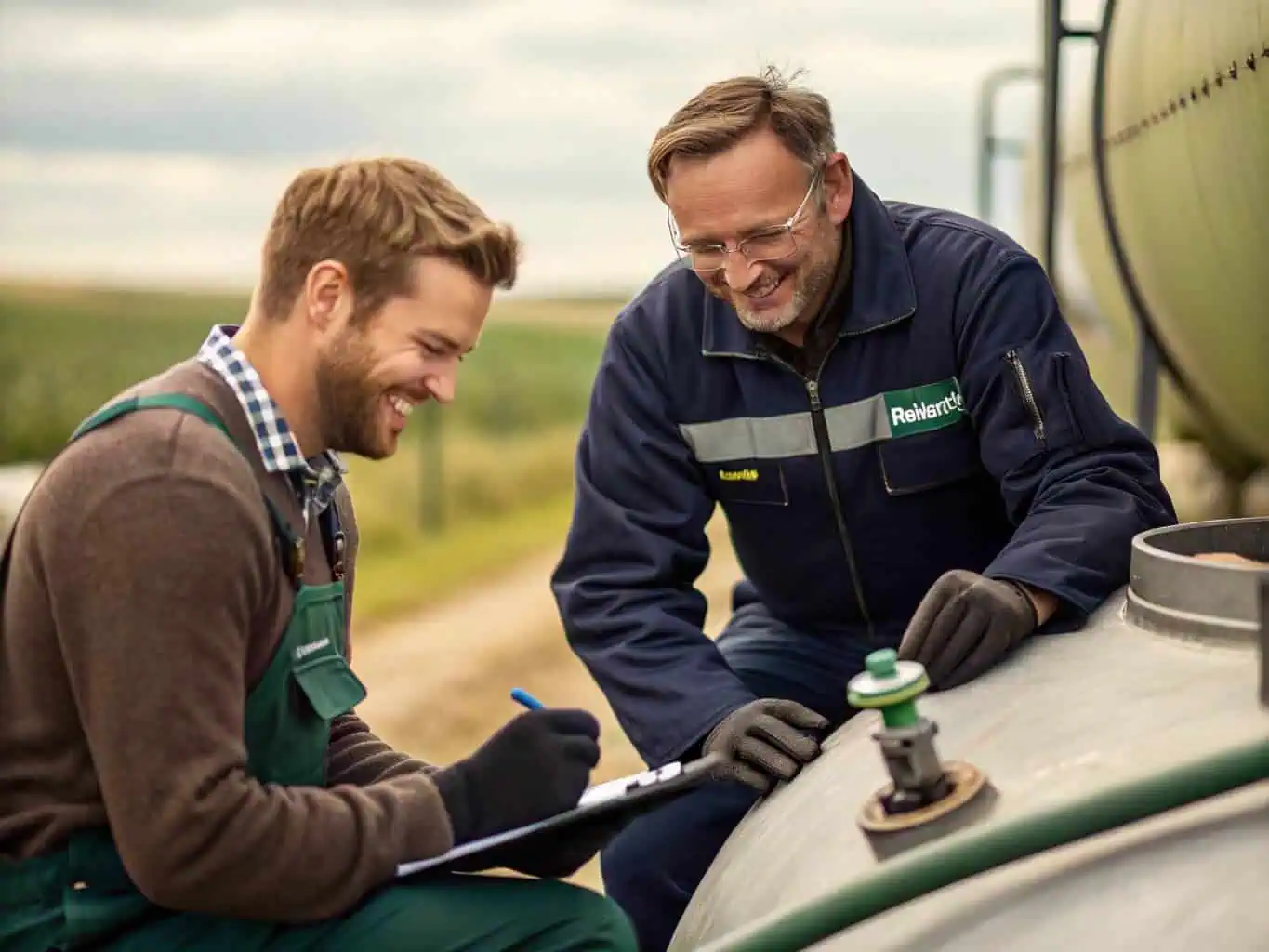 A friendly and professional Bancy technician in uniform consulting with a client on-site near a large tank, showcasing their customer service and technical expertise