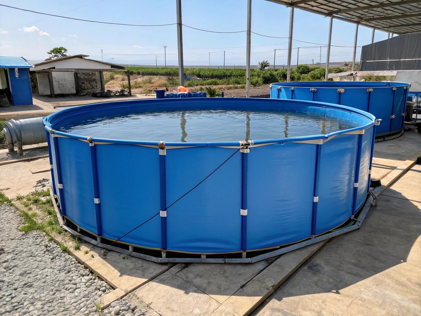 Large blue Bancy collapsible fish ponds with support frames for outdoor aquaculture