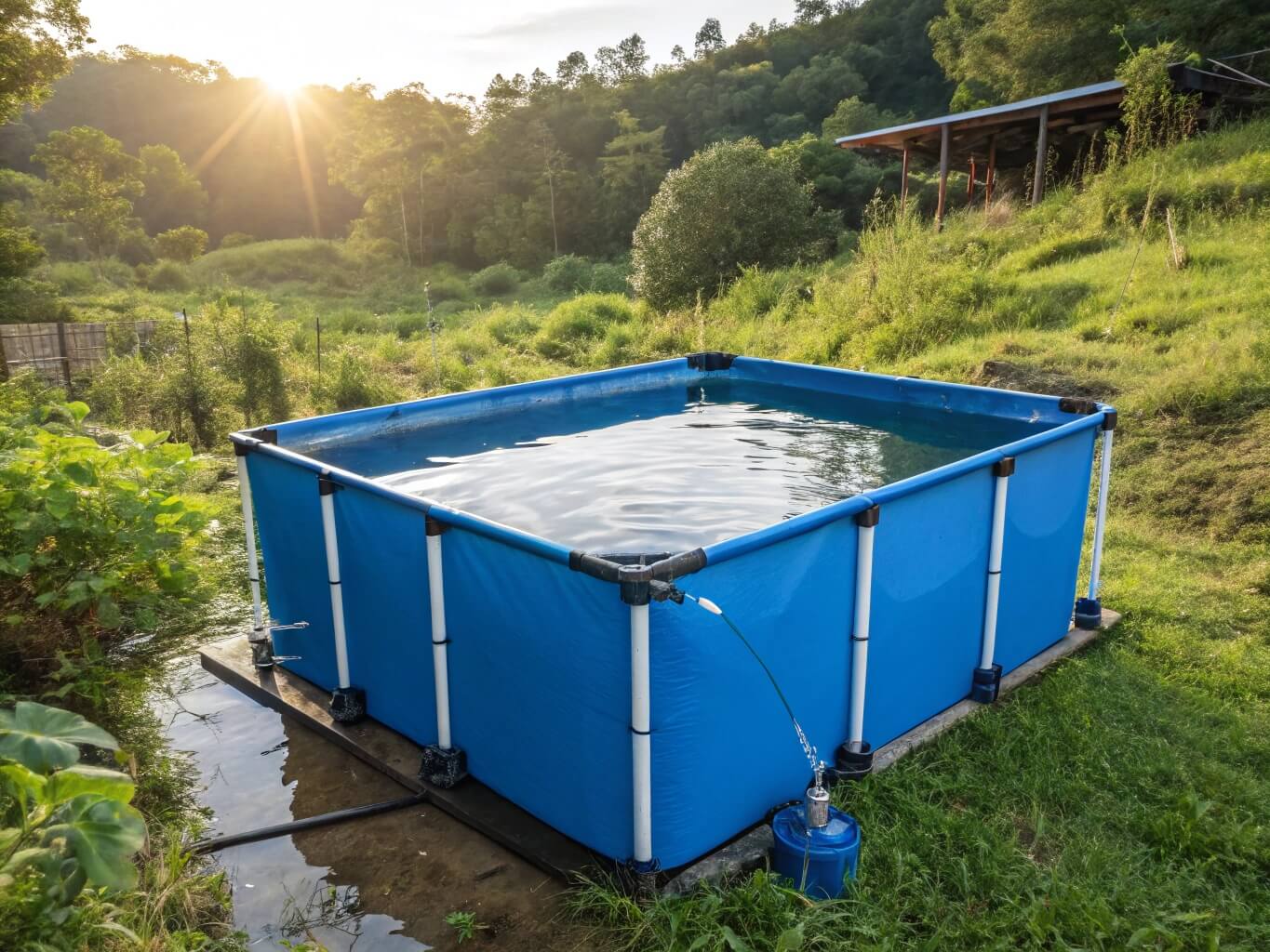 Blue rectangular Bancy foldable frame pool set up outdoors in a garden