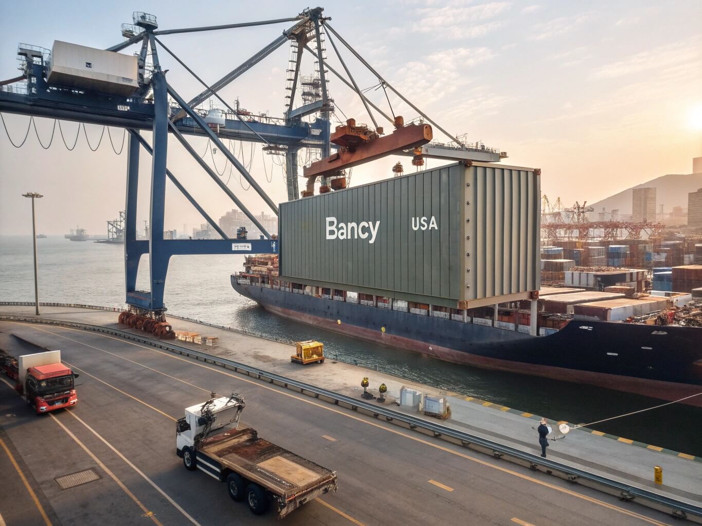A Bancy USA branded shipping container being loaded onto a cargo ship at a busy port, suggesting international shipping and market reach