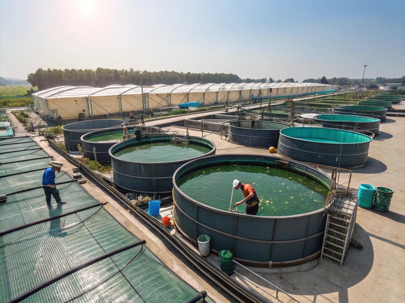 Wide panoramic shot of a thriving aquaculture farm featuring numerous Bancy fish ponds filled with water and fish, showcasing a successful application of their product