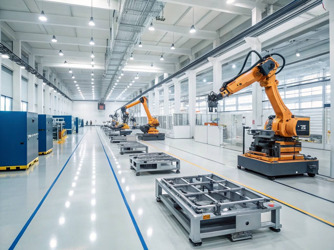Wide shot of a clean and organized Bancy factory floor with automated robotic welding arms in operation, highlighting their advanced manufacturing capabilities