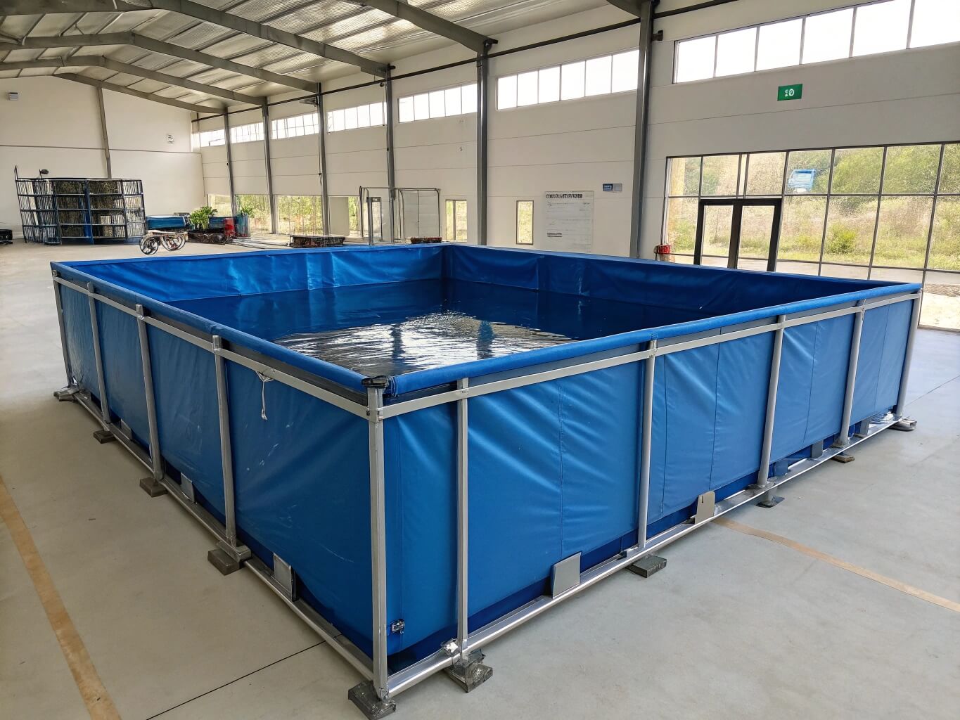 Bancy rectangular foldable tank with external metal frame inside a warehouse facility