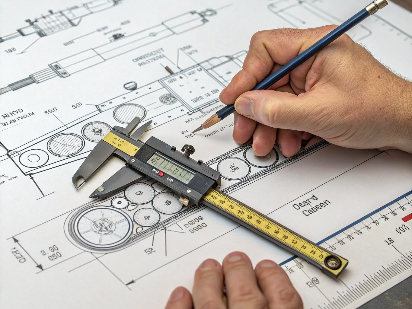 Close-up of hands using digital calipers to precisely measure a component on a technical drawing, representing Bancy's commitment to quality control and precise manufacturing