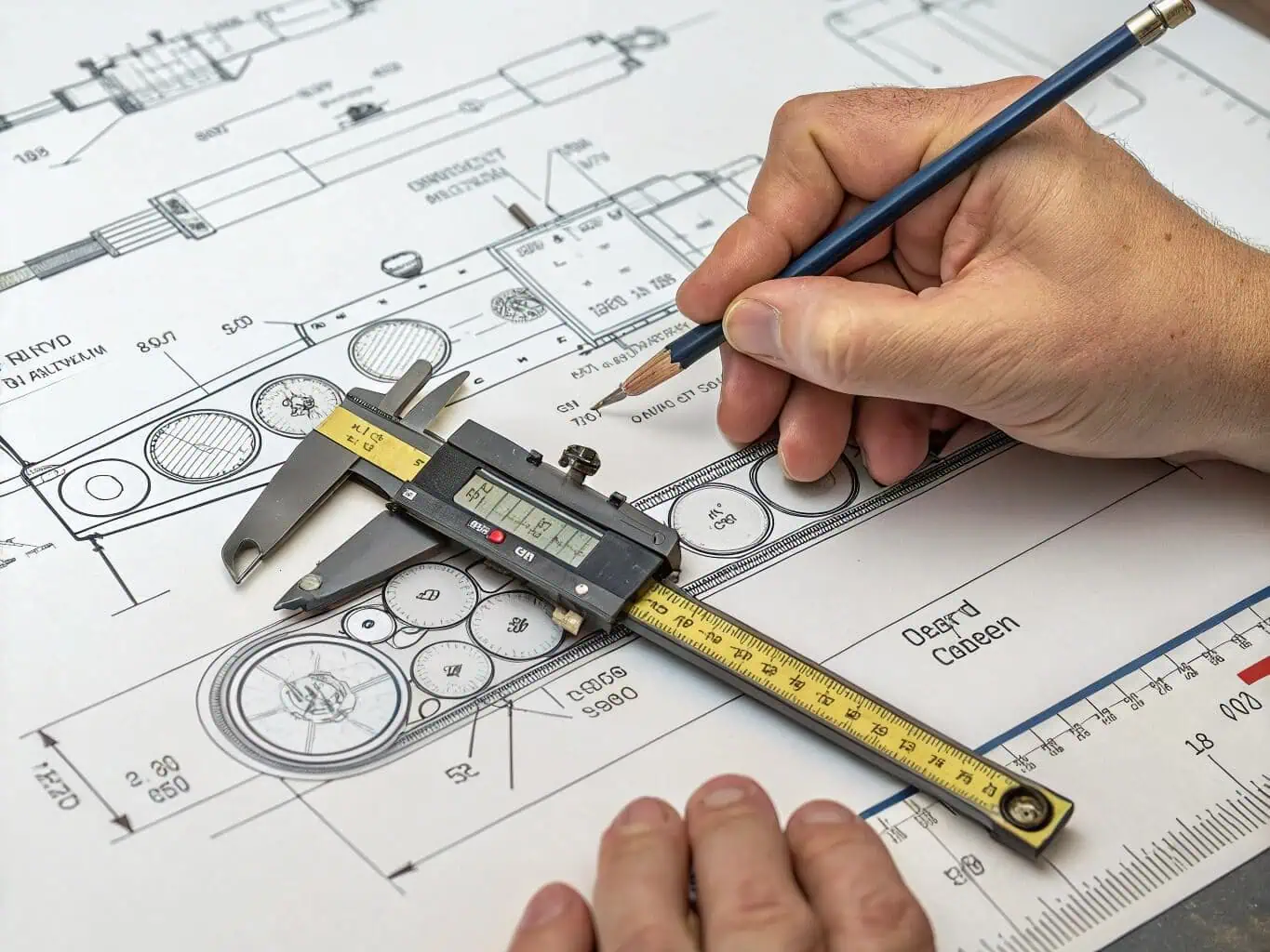 Close-up of hands using digital calipers to precisely measure a component on a technical drawing, representing Bancy's commitment to quality control and precise manufacturing