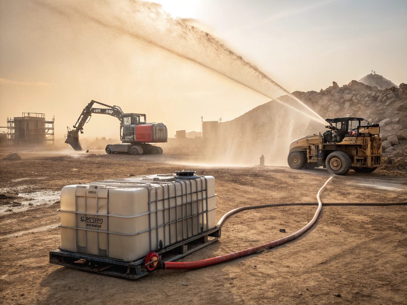 Bancy portable water tank on a dusty construction site, supplying water to heavy machinery for dust suppression