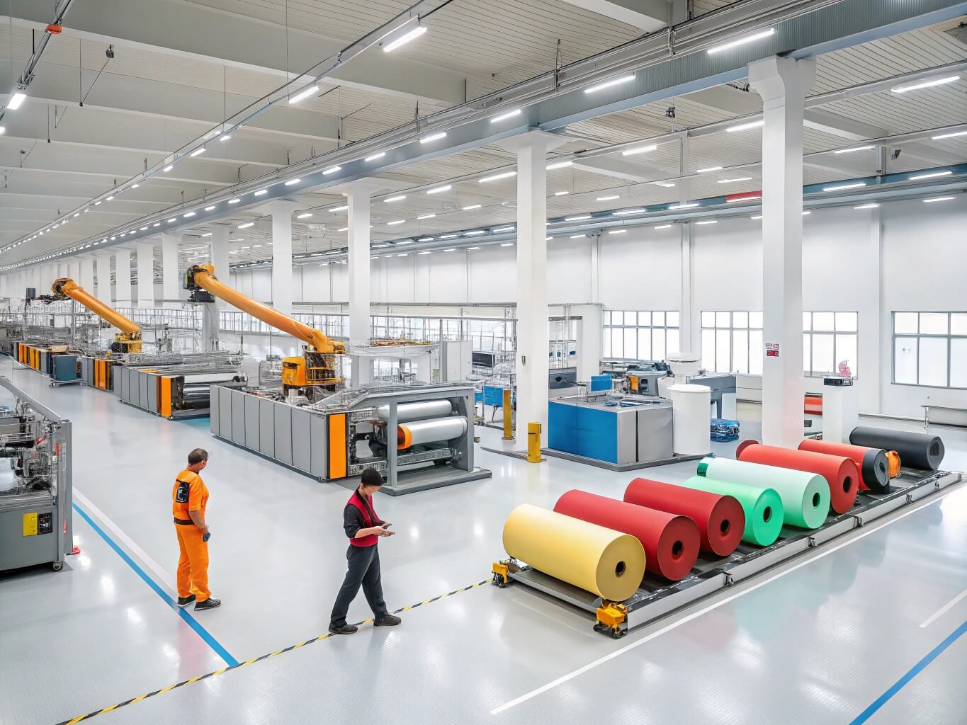 Wide shot of a bright, modern, and spacious Bancy manufacturing facility with employees overseeing the automated production of large, colorful rolls of material