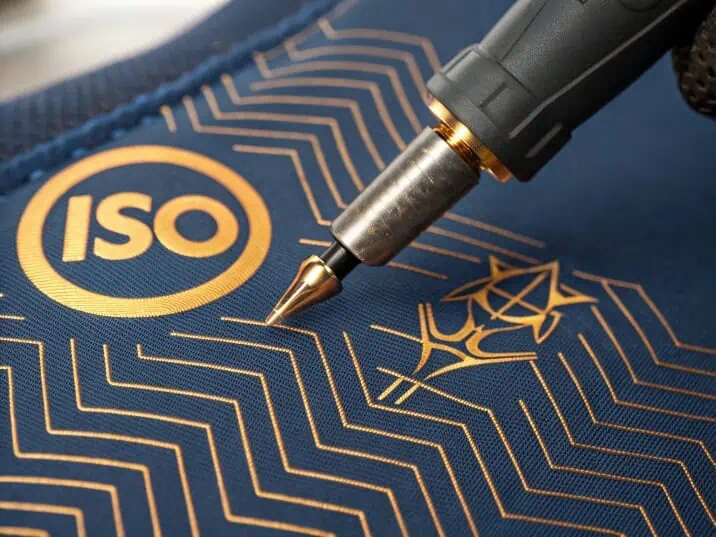 Close-up of the ISO certification mark combined with a display of fine welding craftsmanship, emphasizing Bancy's commitment to product quality and excellence.