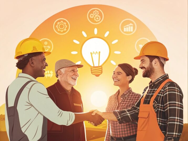 Bancy team collaborating with customers, conveying trust and support through handshakes and smiles, showcasing a comprehensive service system.