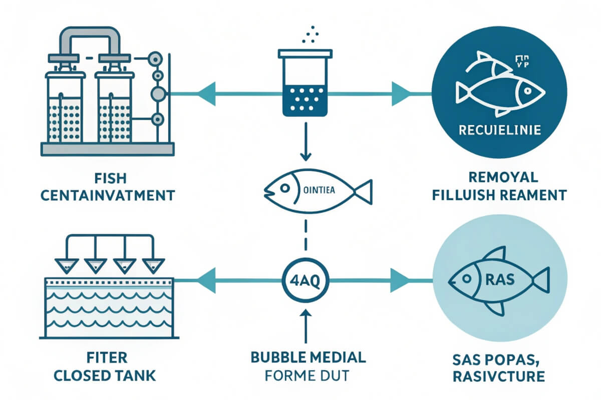 Diagram illustrating the water treatment cycle in a Recirculating Aquaculture System (RAS) for fish.