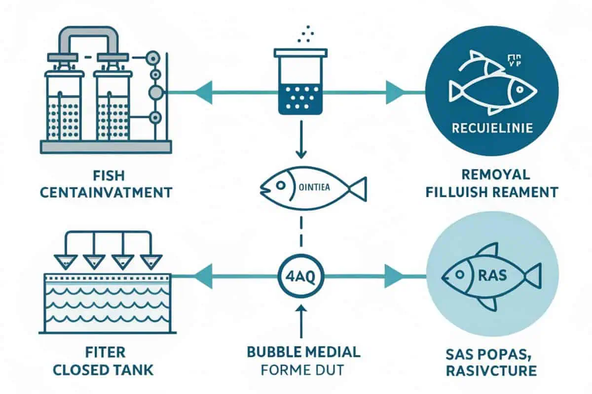 Diagram illustrating the water treatment cycle in a Recirculating Aquaculture System (RAS) for fish.