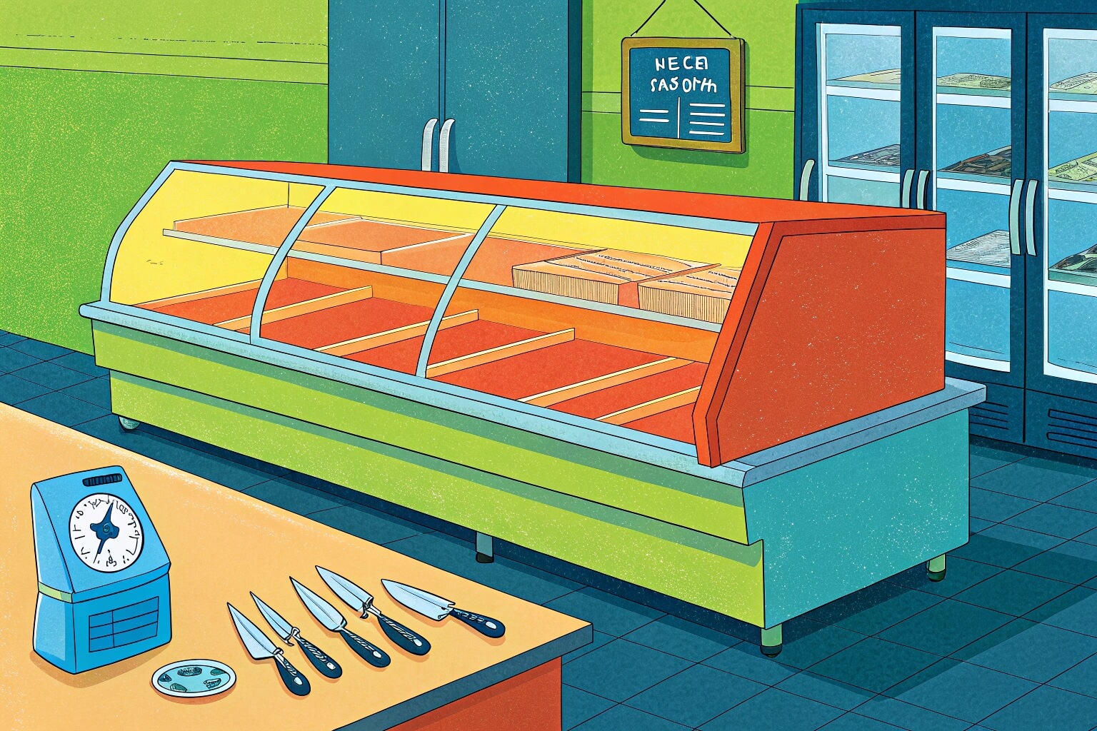 alt text: Interior of a fish market with display cases and fresh fish