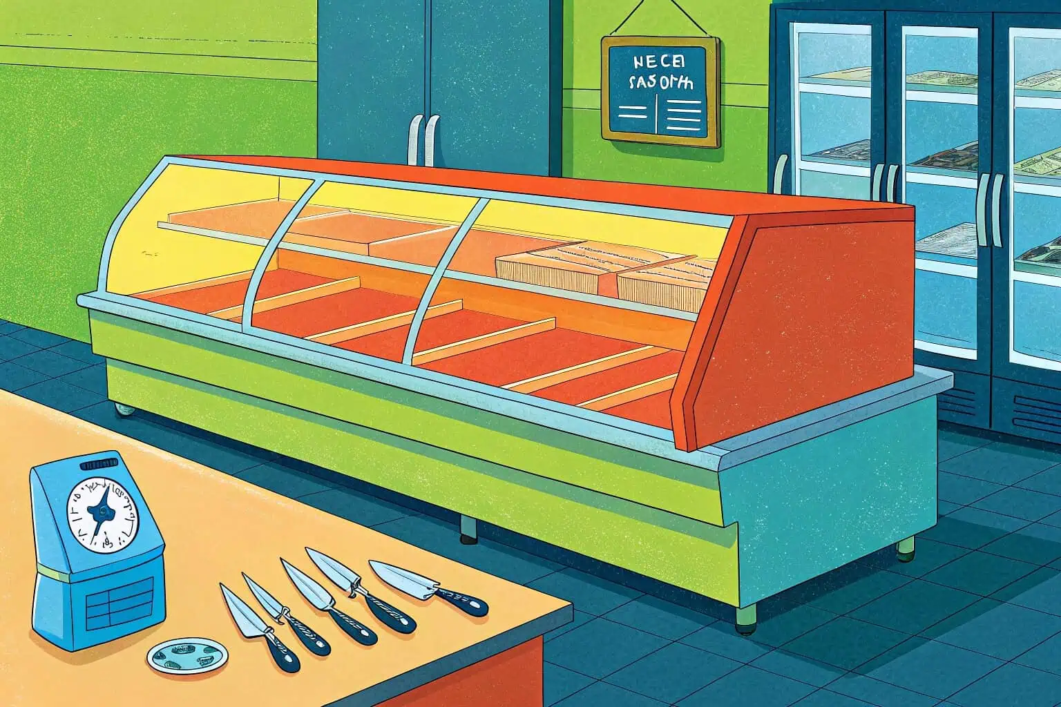 alt text: Interior of a fish market with display cases and fresh fish