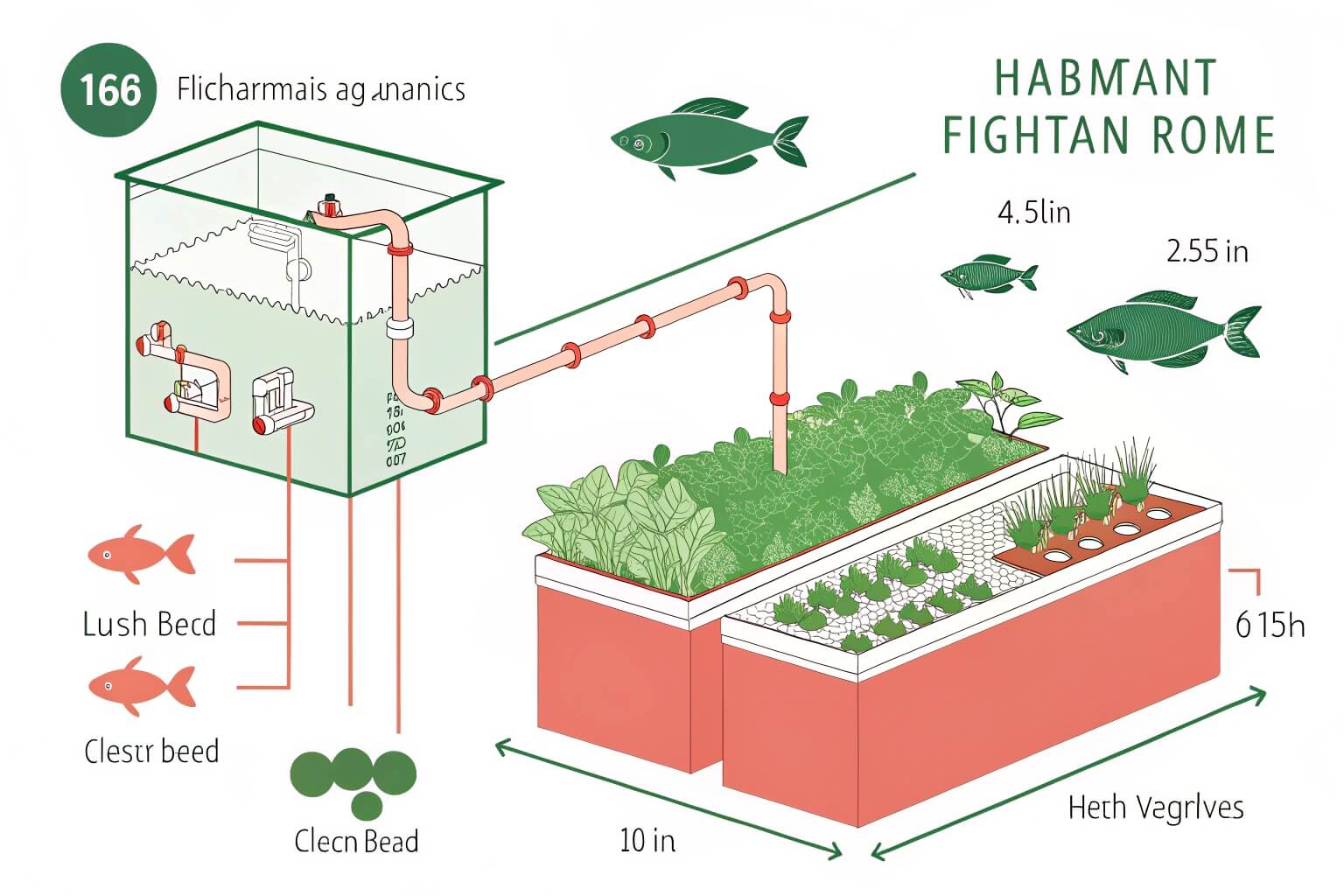 Illustration of a harmonious home aquaponics system with fish in a tank providing nutrients for plants growing in a separate bed above