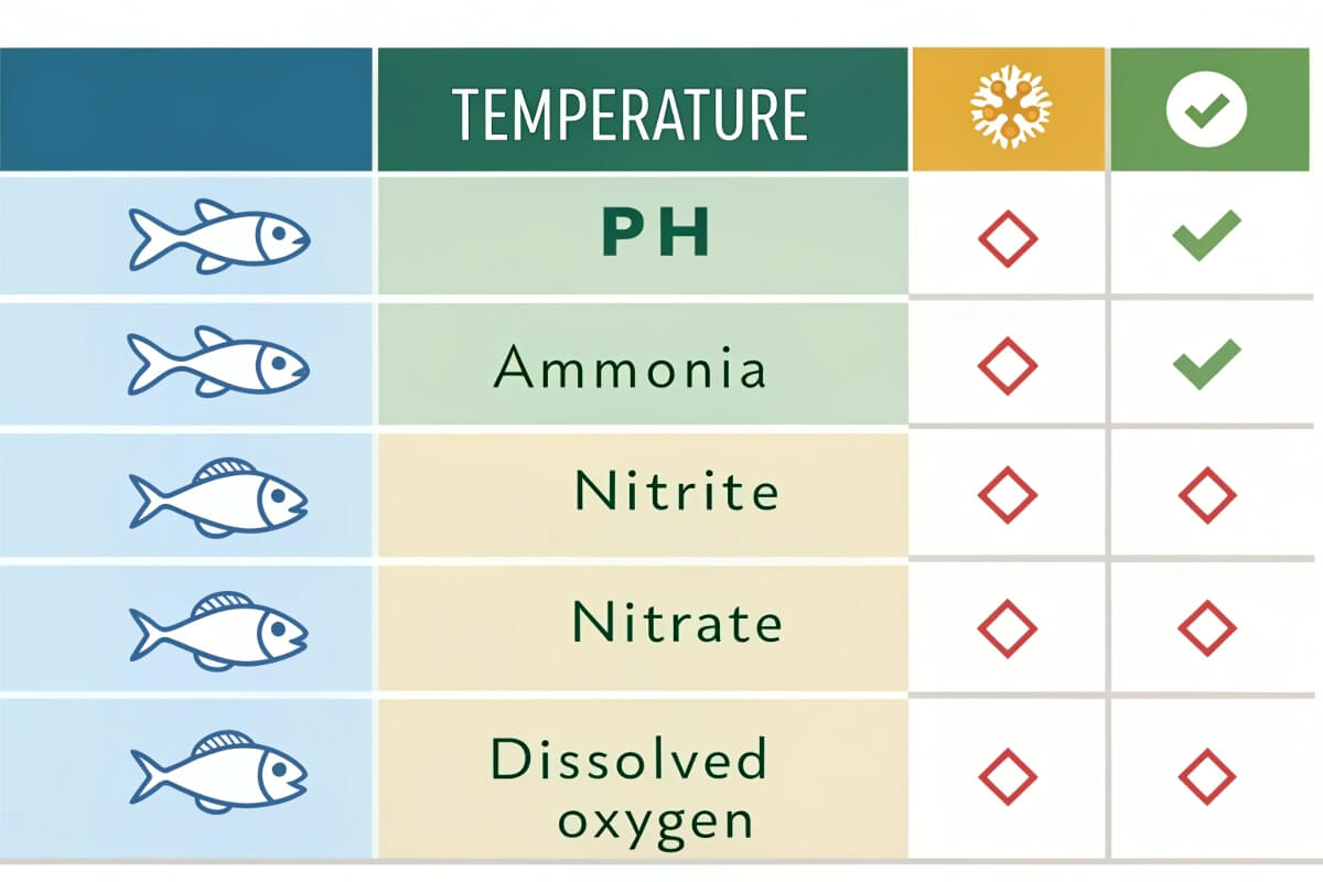 Table showing optimal aquarium water parameters: Temperature (snowflake icon for cold water), pH (checkmark for acceptable), Ammonia (checkmark for acceptable), Nitrite (red diamond for unacceptable), Nitrate (red diamond for unacceptable), Dissolved oxygen (red diamond for unacceptable)