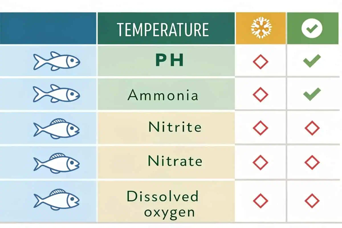 Table showing optimal aquarium water parameters: Temperature (snowflake icon for cold water), pH (checkmark for acceptable), Ammonia (checkmark for acceptable), Nitrite (red diamond for unacceptable), Nitrate (red diamond for unacceptable), Dissolved oxygen (red diamond for unacceptable)