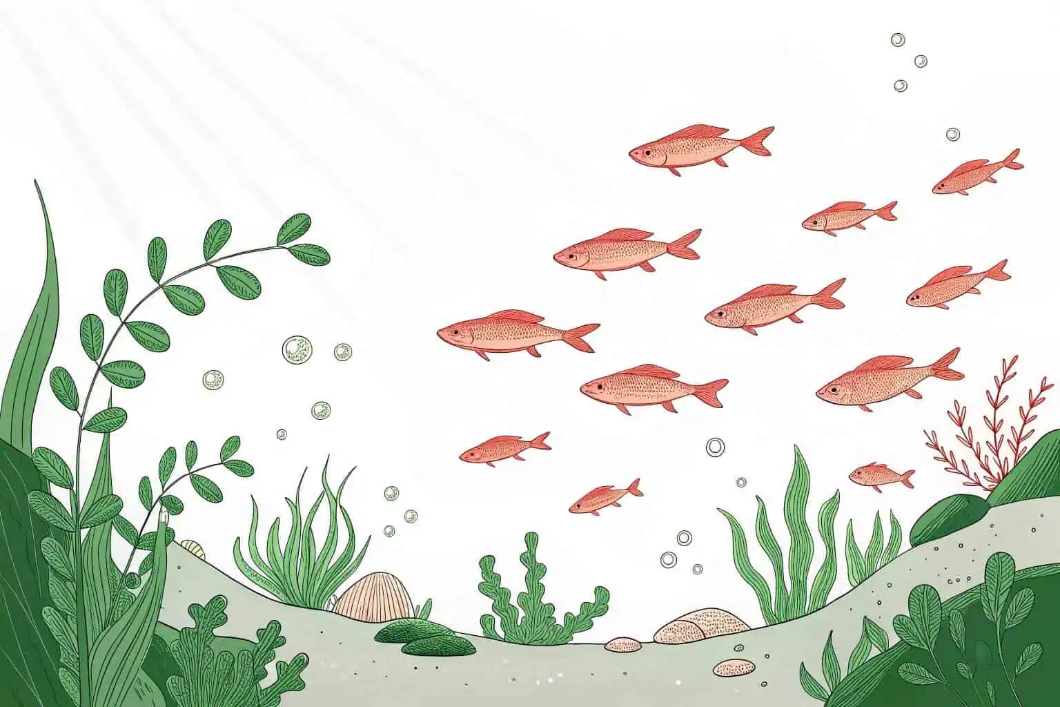 A vibrant underwater scene with sunlight filtering down onto a school of healthy orange fish swimming among green and red aquatic plants and rocks