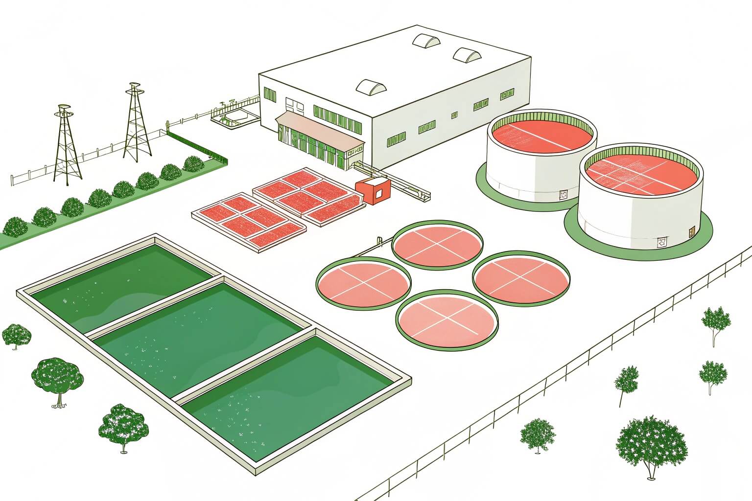 Aerial view of a modern aquaculture facility layout, showing different types of ponds, tanks, and buildings, illustrating the scale and complexity of such operations