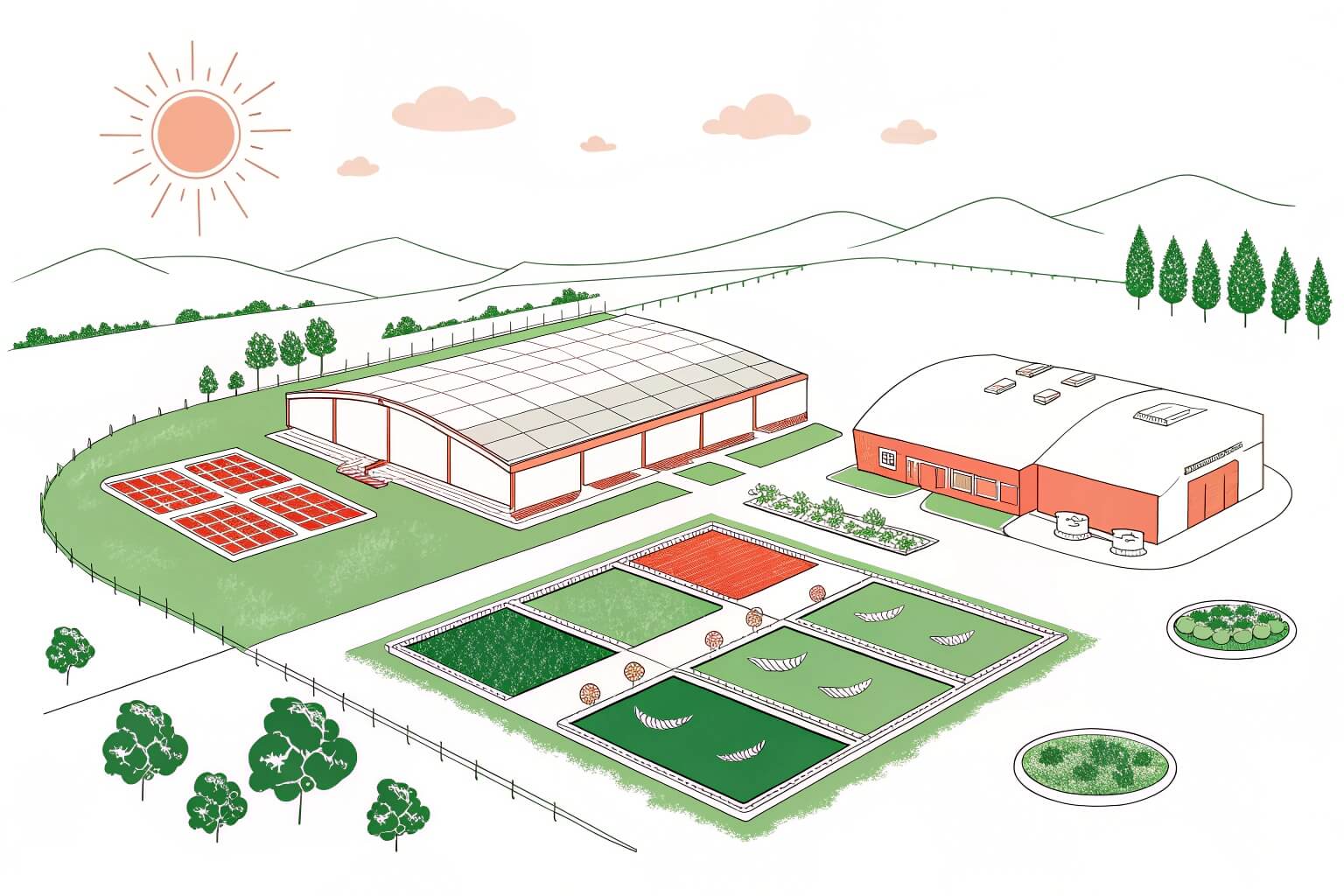 An expansive and sustainable aquaculture facility with various ponds and buildings, set against a backdrop of rolling hills under a sunny sky, illustrating a large-scale operation