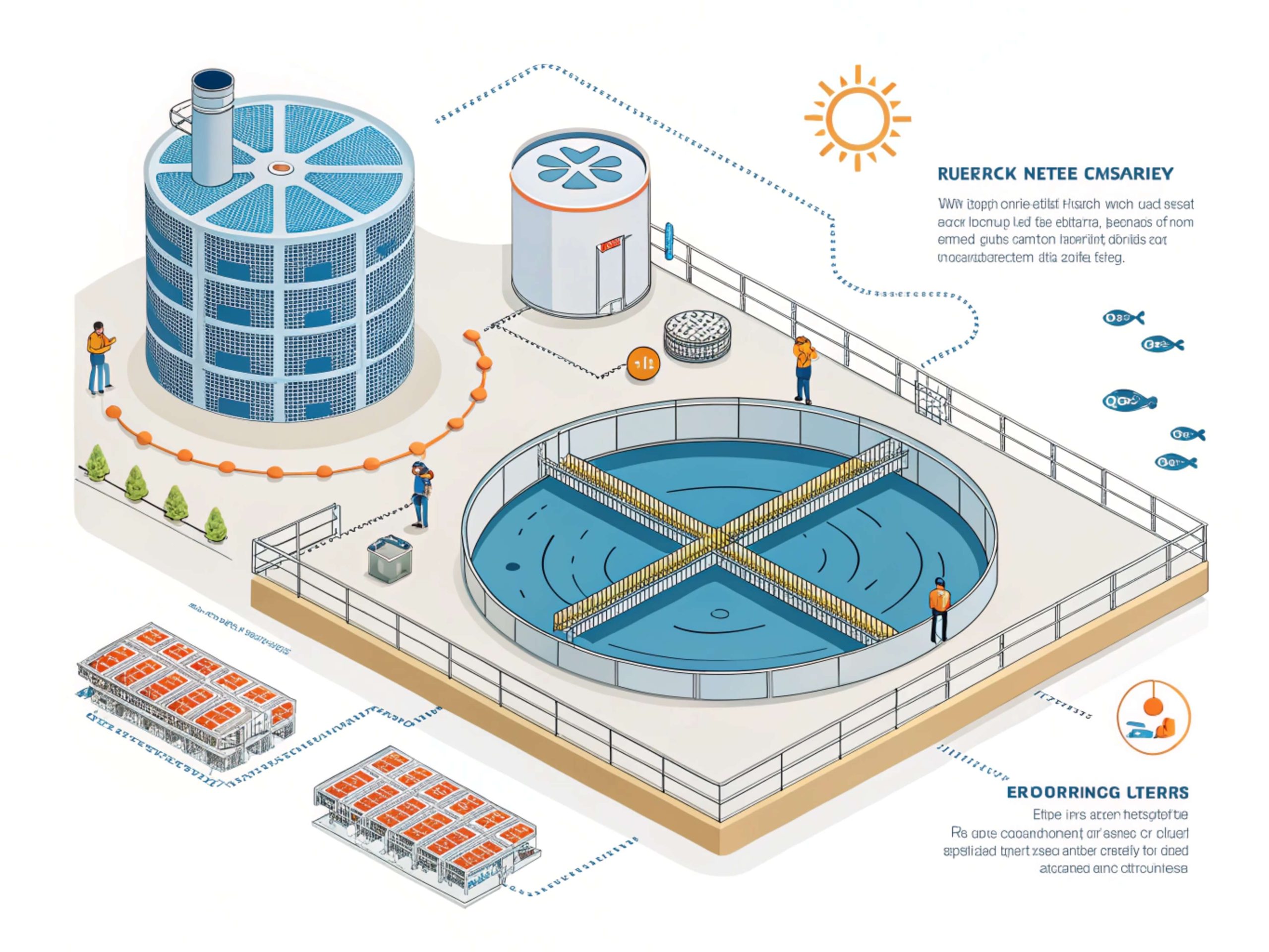 Water treatment facility with cylindrical tower, water tank, and solar panels