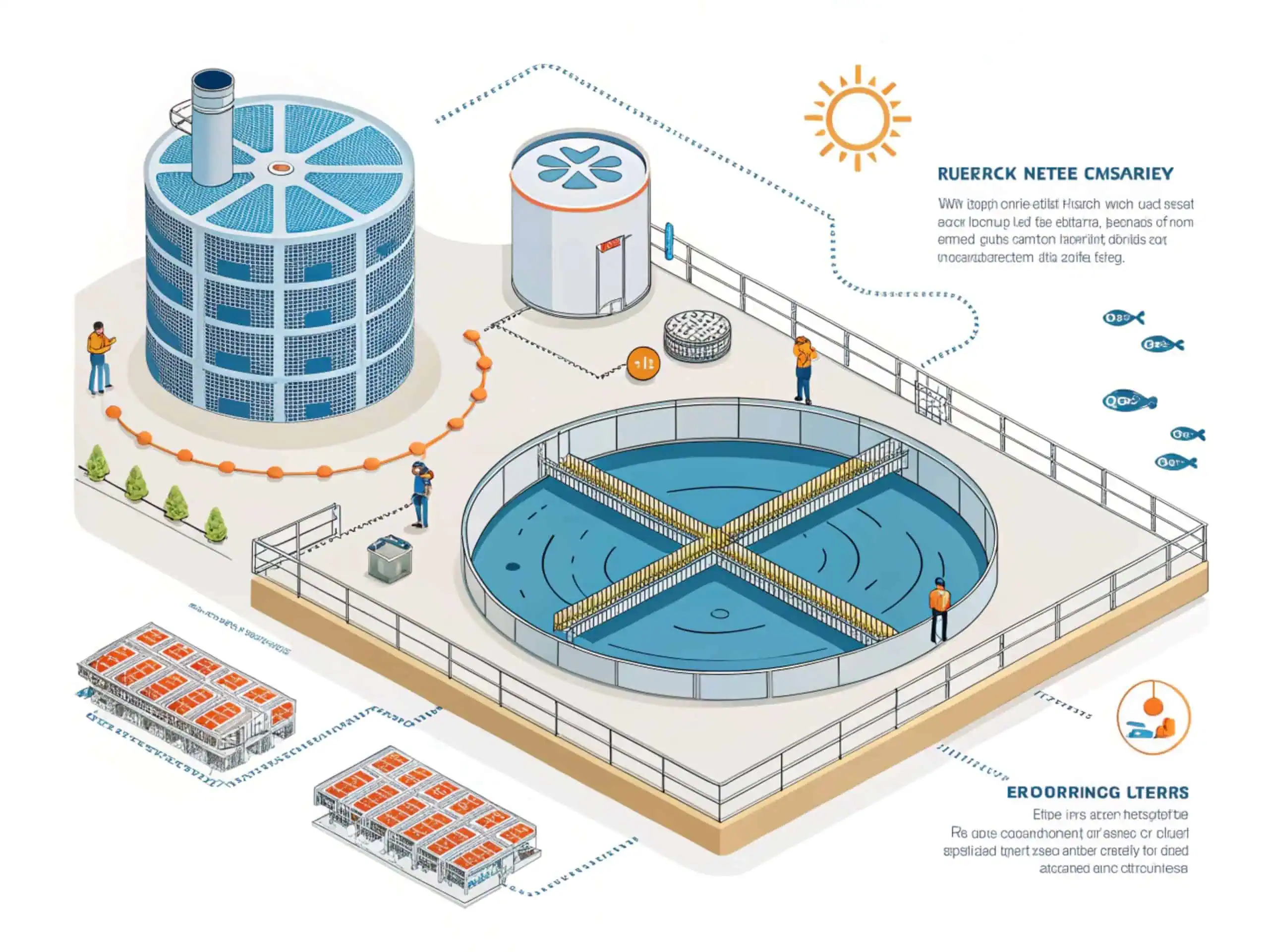 Water treatment facility with cylindrical tower, water tank, and solar panels