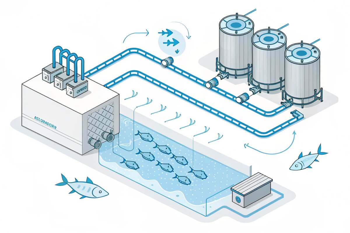 Isometric diagram detailing the water circulation and filtration components of an aquaculture fish tank system.