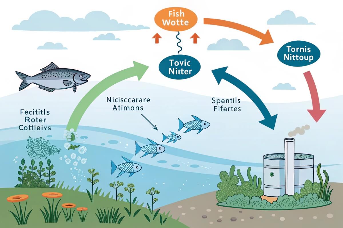 Conceptual illustration of the [nitrogen cycle](https://arxiv.org/pdf/2106.01719)[^1] in an aquaculture environment, showing the flow from fish waste to bacteria and back to plant life
