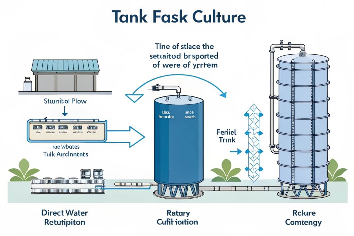 Diagram of Recirculating Aquaculture System (RAS) components including tanks, filters, and water circulation.