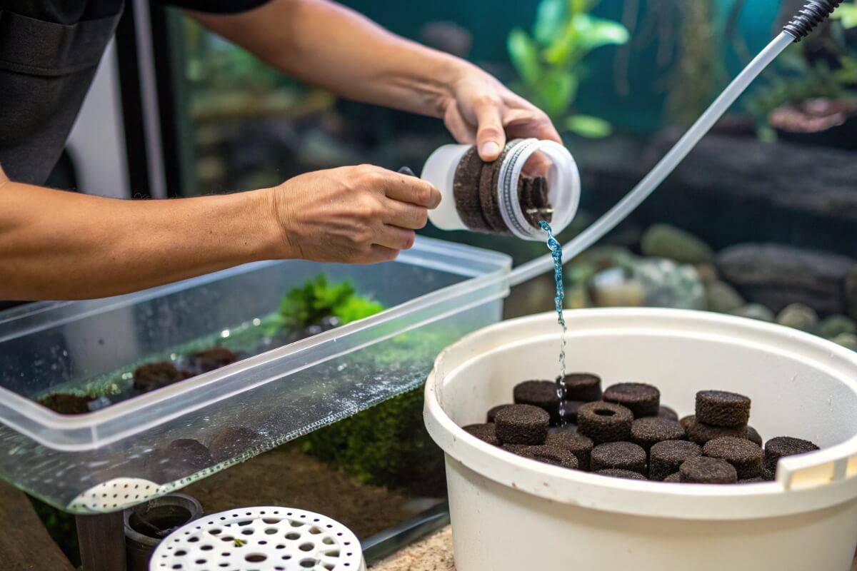 Hands carefully rinsing dark, porous biological filter media under running water, likely for an aquaculture system