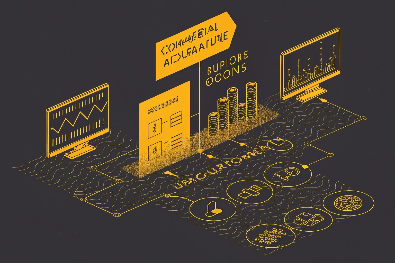 Conceptual business infographic illustrating commercial aquaculture, showing data analysis, financial growth, and various aspects of fish farming and processing