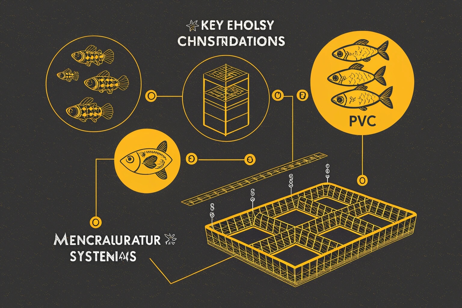 Conceptual infographic illustrating key considerations for membrane bioreactor systems in aquaculture, highlighting fish health, PVC components, and system design