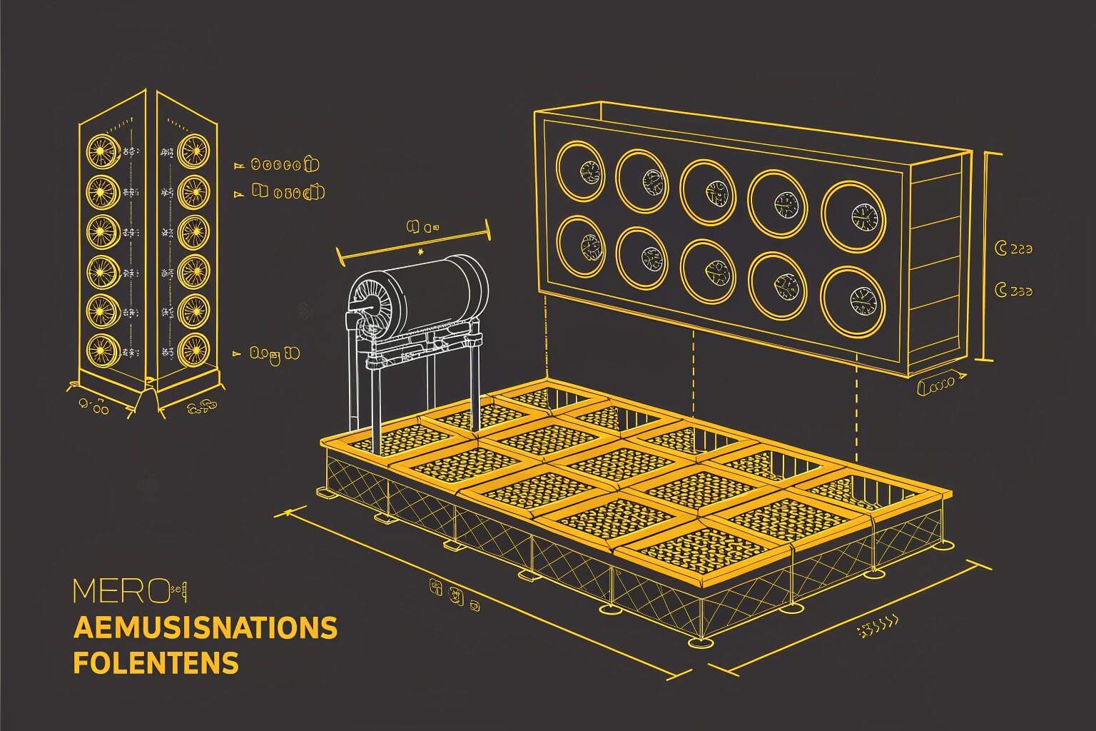 Technical blueprint-style illustration of a membrane bioreactor system design with various components and measurements, likely used in advanced aquaculture water treatment
