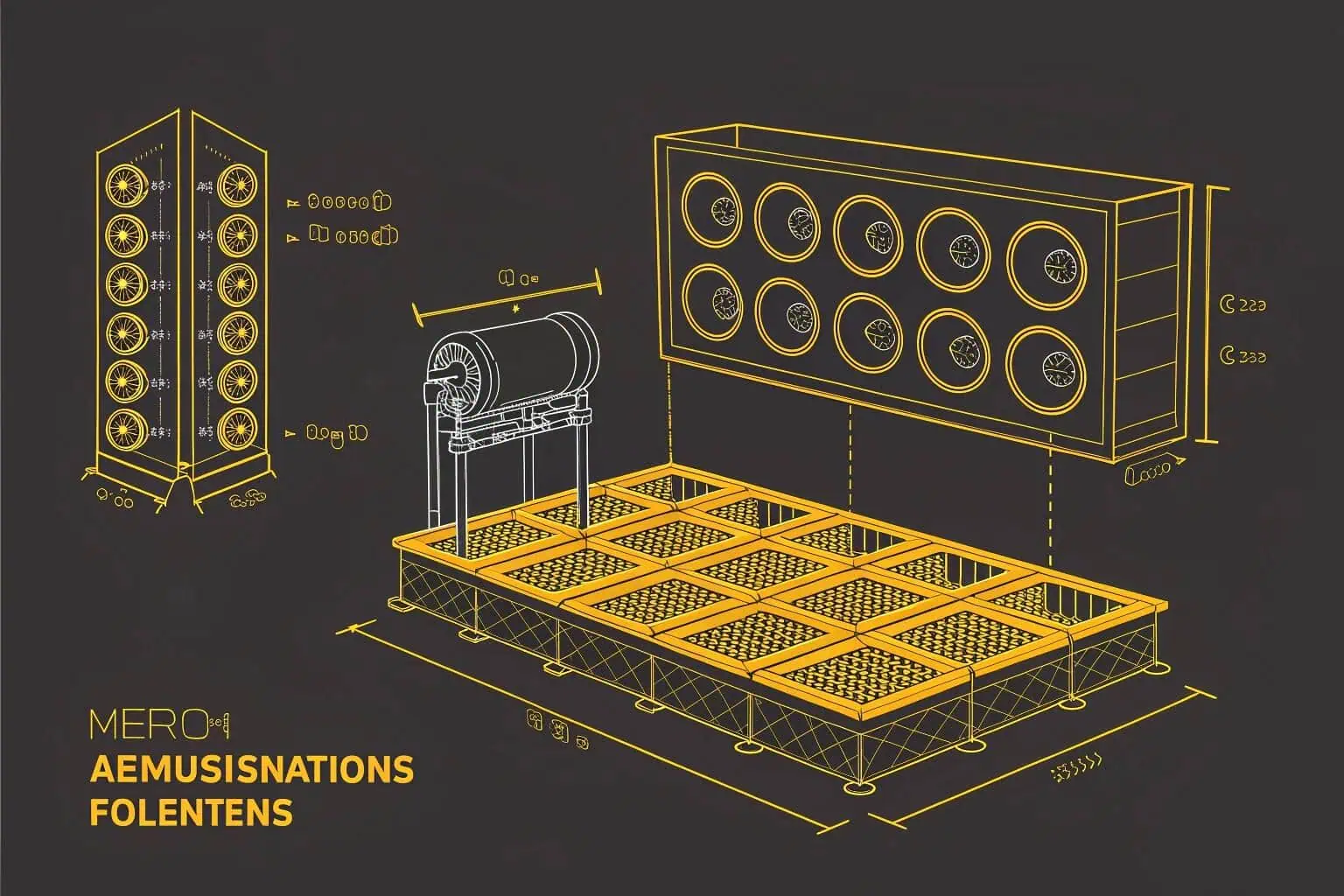 Technical blueprint-style illustration of a membrane bioreactor system design with various components and measurements, likely used in advanced aquaculture water treatment