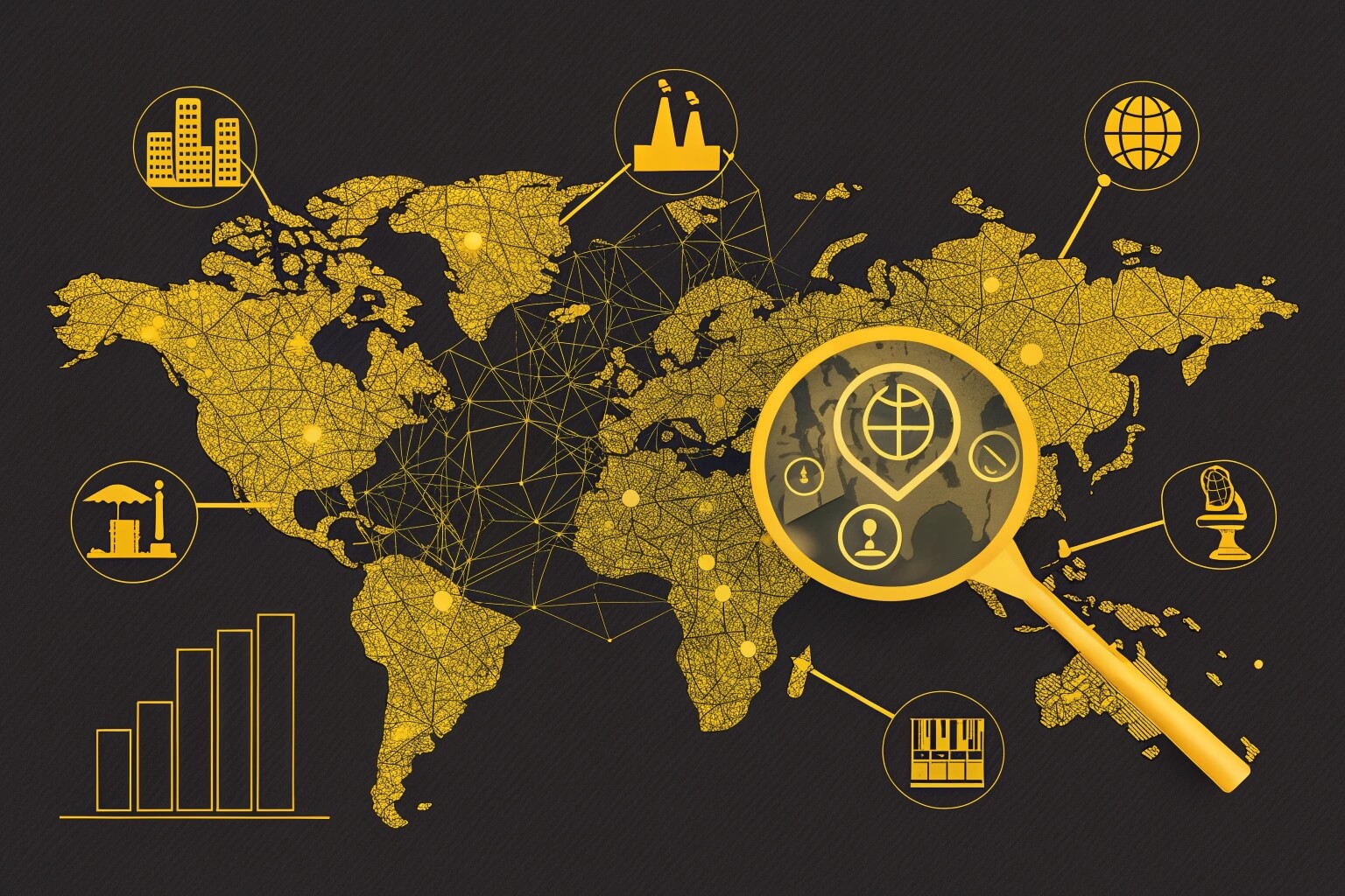 A stylized world map constructed from interconnected lines and nodes, overlaid with icons representing industry, global presence, and growth, symbolizing Bancy's global market and reach