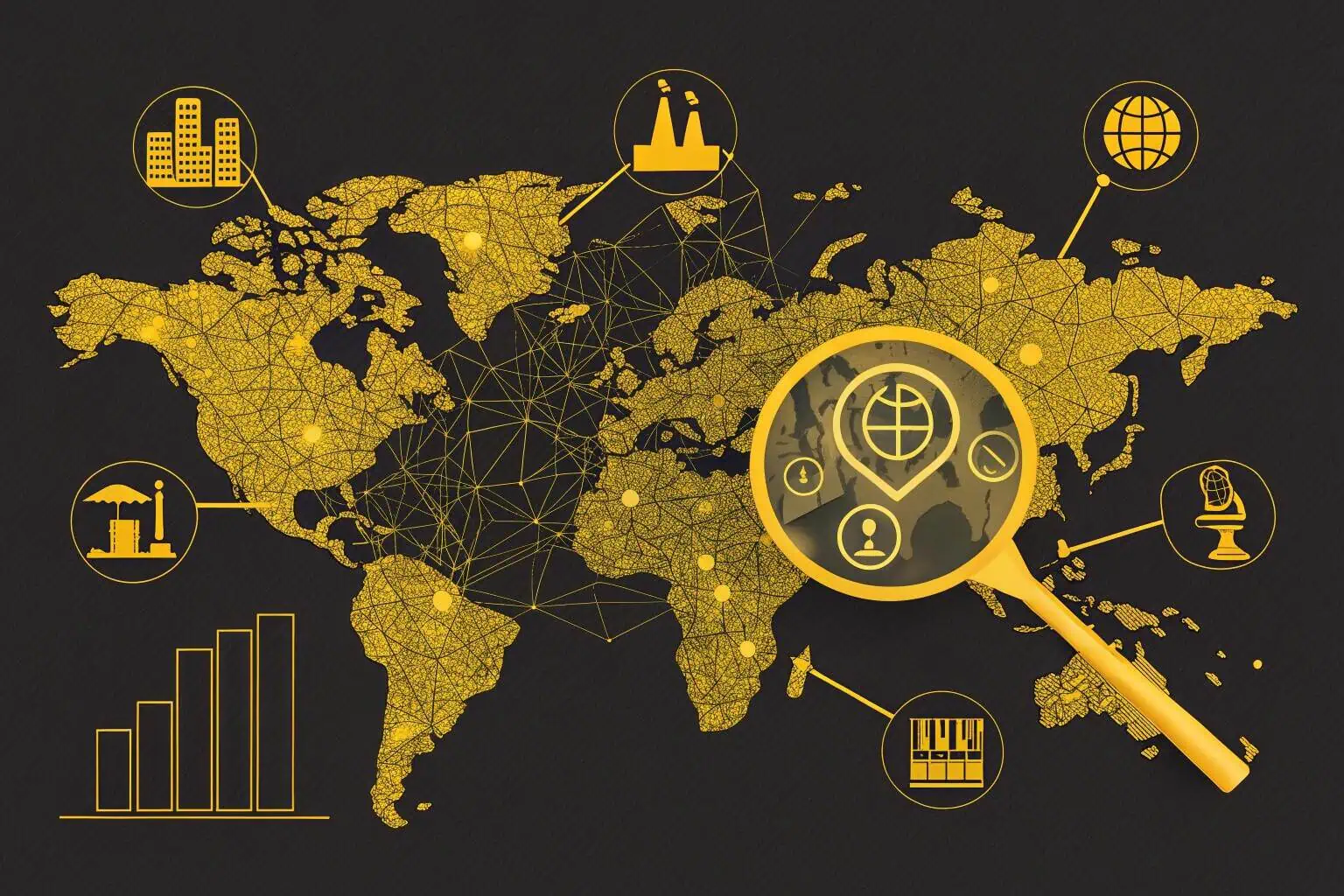 A stylized world map constructed from interconnected lines and nodes, overlaid with icons representing industry, global presence, and growth, symbolizing Bancy's global market and reach
