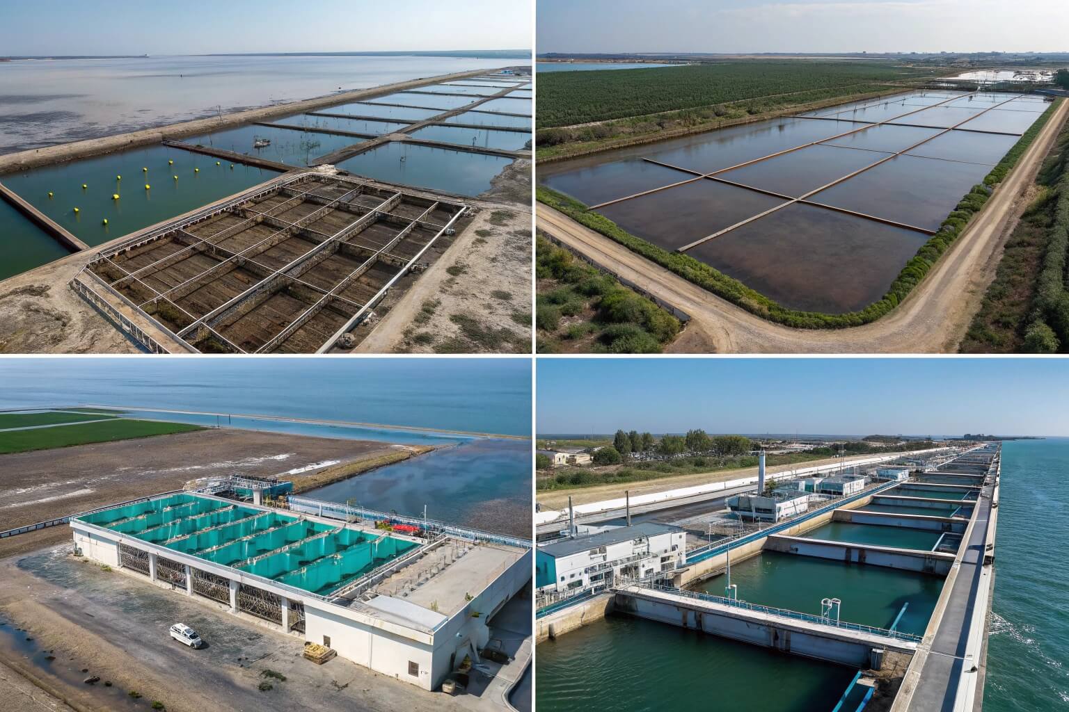 Collage showing different aquaculture systems: cages, ponds, RAS tanks