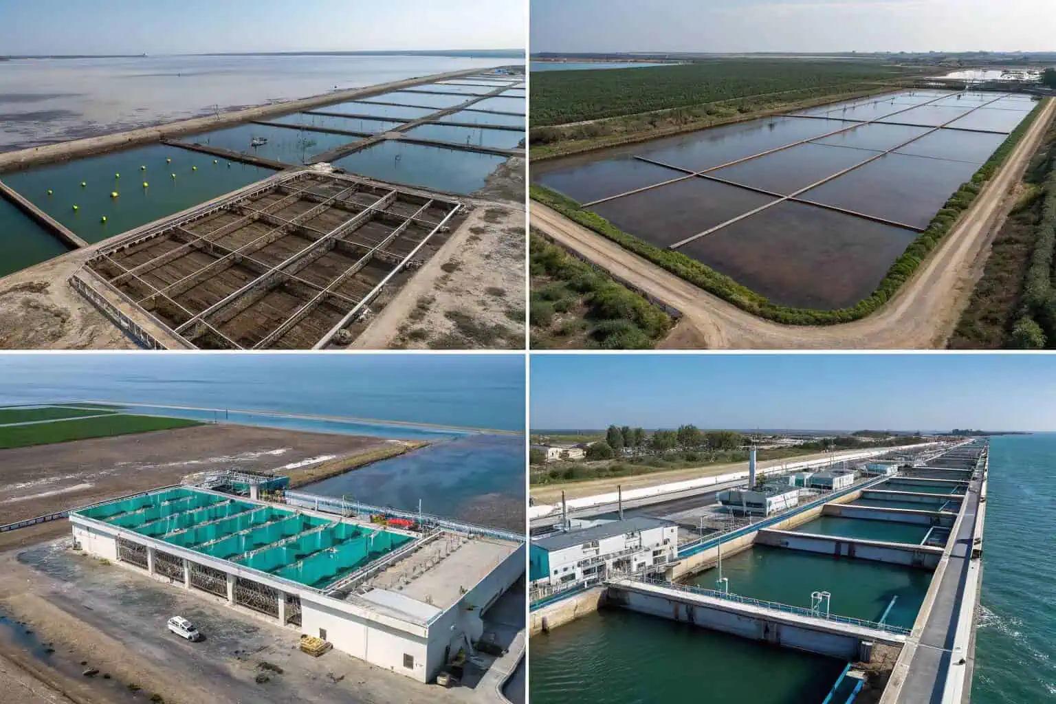 Collage showing different aquaculture systems: cages, ponds, RAS tanks