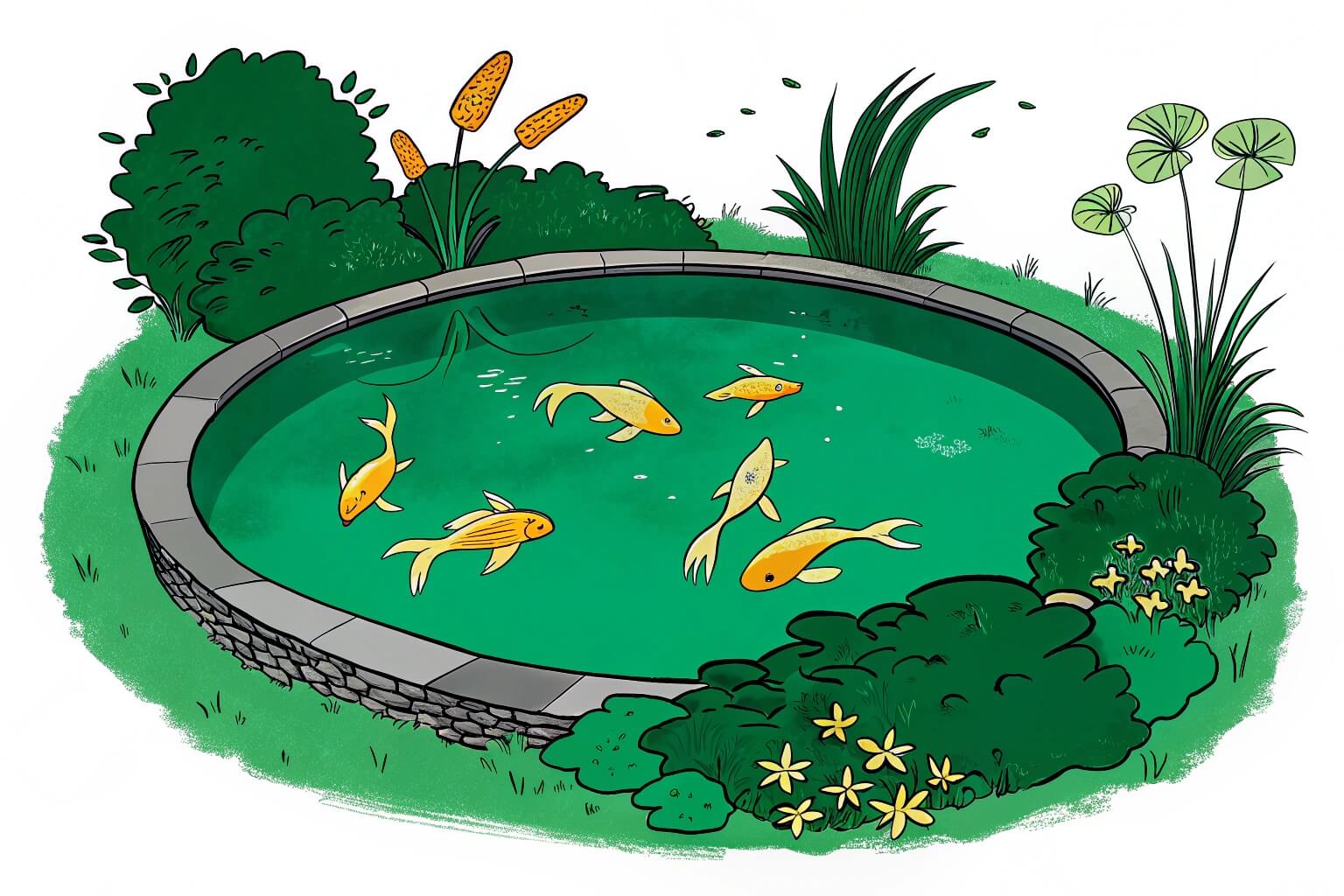Fish swimming comfortably in a moderately sized backyard pond